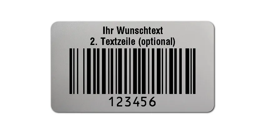 Prüfetiketten Material:Polyester-Folie Silberoptik matt Größe:45x25mm Kopfzeile:"Ihr Wunschtext" Barcode:128B Stellenanzahl:6-stellig Ausführung:1 Etikette pro Nummer Menge:500