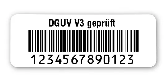 Prüfetiketten Material:Polyethylen-Folie hochglänzend weiß Größe:40x15mm Kopfzeile:"DGUV V3 geprüft" Barcode:128B Stellenanzahl:13-stellig Ausführung:1 Etikette pro Nummer Menge:1000