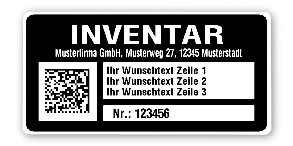 Inventaretiketten Material:Polyethylen-Folie hochglänzend weiß Größe:68x34mm Kopfzeile:"Ihr Wunschtext" Barcode:DataMatrix Stellenanzahl:6-stellig Menge:1000