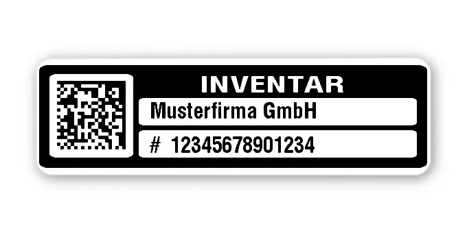 Inventaretiketten Material:Polyethylen-Folie hochglänzend weiß Größe:50x15mm Kopfzeile:"Ihr Wunschtext" Barcode:DataMatrix Stellenanzahl:14-stellig Menge:1000