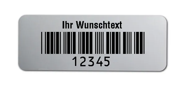Prüfetiketten Material:Polyester-Folie Silberoptik matt Größe:40x15mm Kopfzeile:"Ihr Wunschtext" Barcode:Code 39 ohne Prüfziffer Stellenanzahl:5-stellig Ausführung:1 Etikette pro Nummer Menge:1000