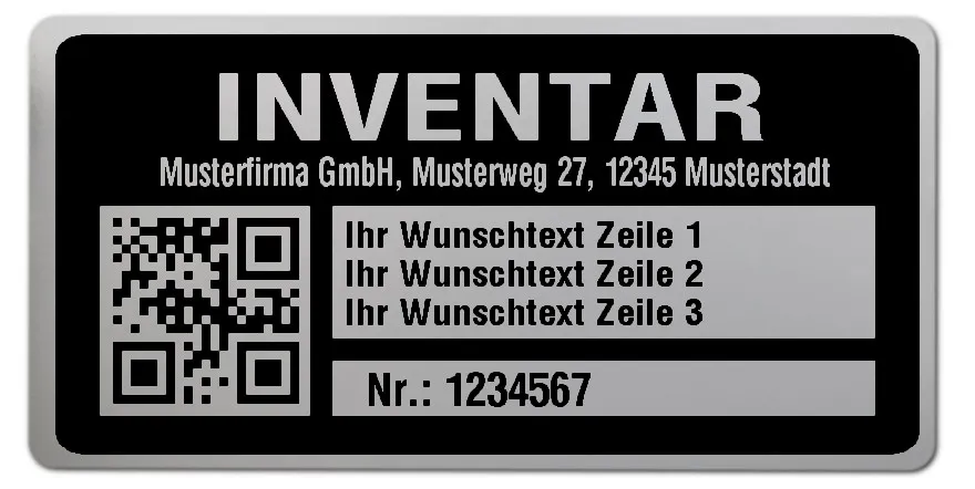 Inventaretiketten Material:Polyester-Folie Silberoptik matt Größe:68x34mm Kopfzeile:"Ihr Wunschtext" Barcode:QR Stellenanzahl:7-stellig Menge:1000