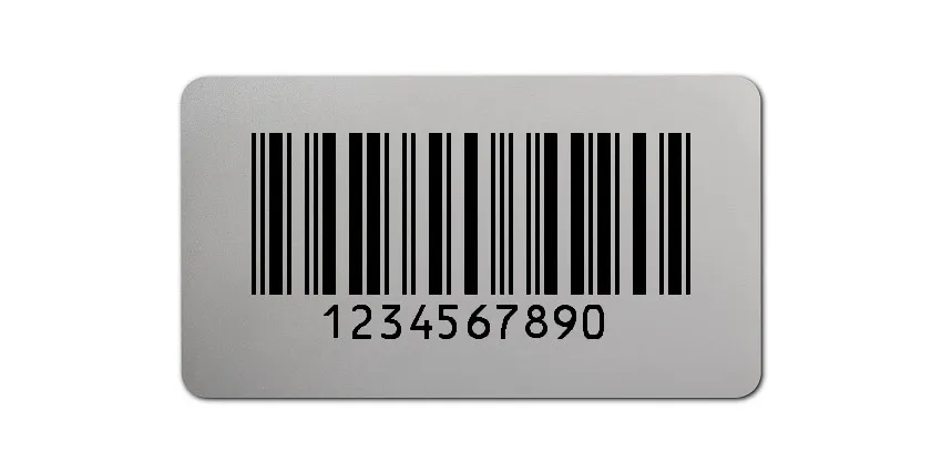 Universaletiketten Material:Folie silber matt Größe:45x25mm Kopfzeile:"ohne" Barcode:2a5 interleaved Stellenanzahl:10-stellig Ausführung:3 Etiketten pro Nummer Menge:300