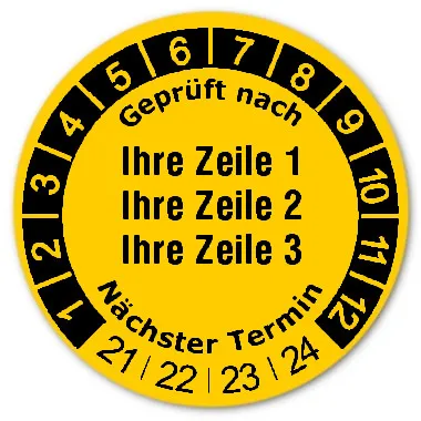 Datum Prüfetikett Material:Folie gelb Größe:Ø 30mm Kopfzeile:"Ihr Wunschtext" Barcode:ohne Stellenanzahl:ohne Ausführung:1 Etikett pro Nummer Etiketten je Rolle:1000