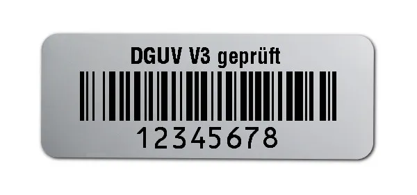 Prüfetiketten Material:Polyester-Folie Silberoptik matt Größe:40x15mm Kopfzeile:"DGUV V3 geprüft" Barcode:128B Stellenanzahl:8-stellig Ausführung:1 Etikette pro Nummer Menge:1000