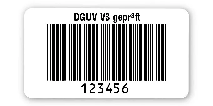 Prüfetiketten Material:Polyethylen-Folie hochglänzend weiß Größe:45x25mm Kopfzeile:"DGUV V3 geprüft" Barcode:Code 39 ohne Prüfziffer Stellenanzahl:6-stellig Ausführung:1 Etikette pro Nummer Menge:1000