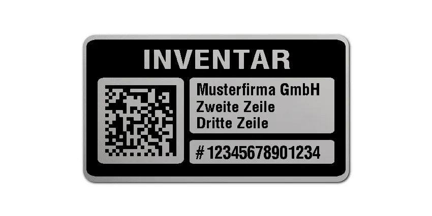 Inventaretiketten Material:Polyester-Folie Silberoptik matt Größe:45x25mm Kopfzeile:"Ihr Wunschtext" Barcode:DataMatrix Stellenanzahl:14-stellig Menge:500