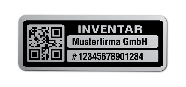 Inventaretiketten Material:Polyester-Folie Silberoptik matt Größe:40x15mm Kopfzeile:"Ihr Wunschtext" Barcode:QR Stellenanzahl:14-stellig Menge:1000