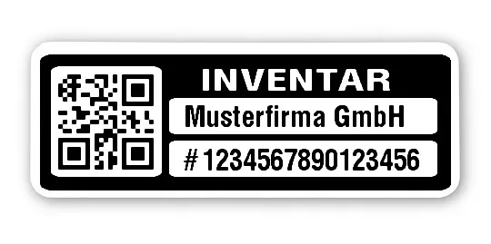 Inventaretiketten Material:Polyethylen-Folie hochglänzend weiß Größe:40x15mm Kopfzeile:"Ihr Wunschtext" Barcode:QR Stellenanzahl:16-stellig Menge:100