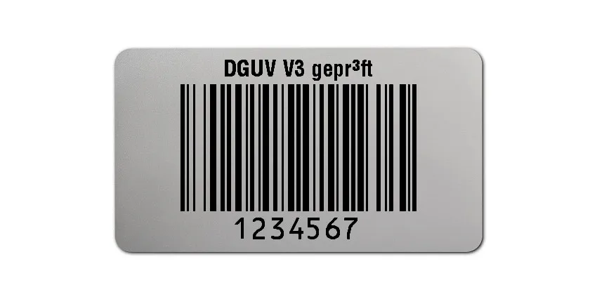 Prüfetiketten Material:Polyester-Folie Silberoptik matt Größe:45x25mm Kopfzeile:"DGUV V3 geprüft" Barcode:128B Stellenanzahl:7-stellig Ausführung:1 Etikette pro Nummer Menge:1000