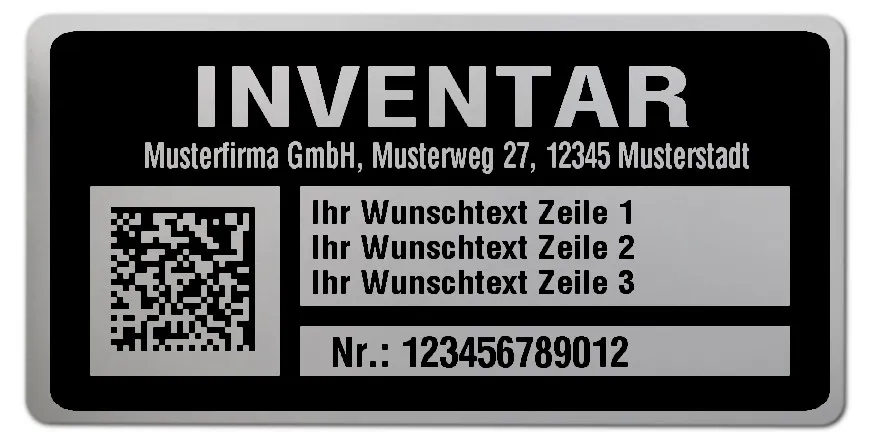 Inventaretiketten Material:Polyester-Folie Silberoptik matt Größe:68x34mm Kopfzeile:"Ihr Wunschtext" Barcode:DataMatrix Stellenanzahl:12-stellig Menge:1000