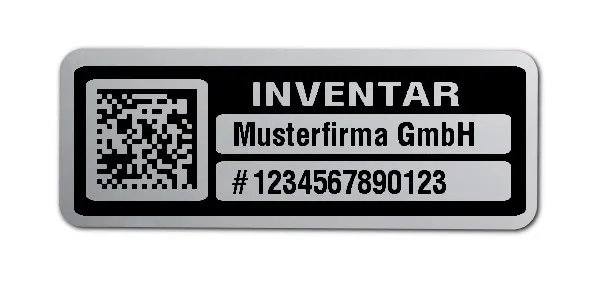 Inventaretiketten Material:Polyester-Folie Silberoptik matt Größe:40x15mm Kopfzeile:"Ihr Wunschtext" Barcode:DataMatrix Stellenanzahl:13-stellig Menge:100