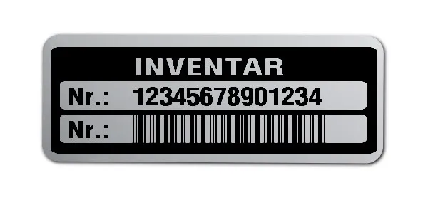 Inventaretiketten Material:Polyester-Folie Silberoptik matt Größe:40x15mm Kopfzeile:"Inventar" Barcode:2a5 interleaved Stellenanzahl:14-stellig Menge:100