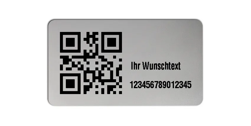 Inventaretiketten Universal Material:Polyester-Folie Silberoptik matt Größe:45x25mm Kopfzeile:"Ihr Wunschtext" Barcode:QR Stellenanzahl:15-stellig Menge:1000