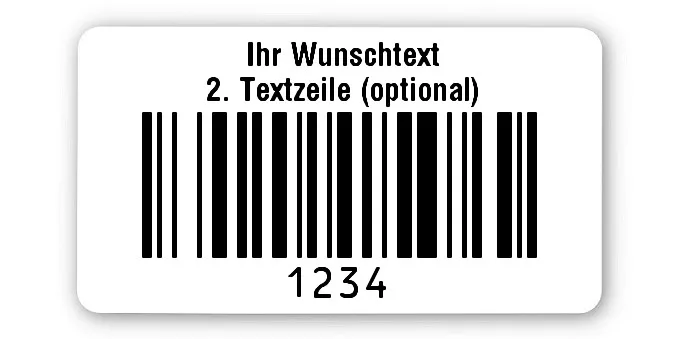 Prüfetiketten Material:Polyethylen-Folie hochglänzend weiß Größe:45x25mm Kopfzeile:"Ihr Wunschtext" Barcode:128B Stellenanzahl:4-stellig Ausführung:1 Etikette pro Nummer Menge:1000