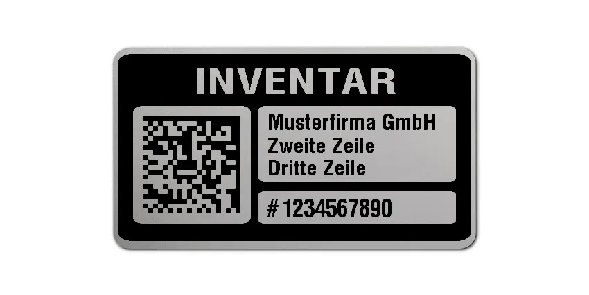 Inventaretiketten Material:Polyester-Folie Silberoptik matt Größe:45x25mm Kopfzeile:"Ihr Wunschtext" Barcode:DataMatrix Stellenanzahl:10-stellig Menge:1000