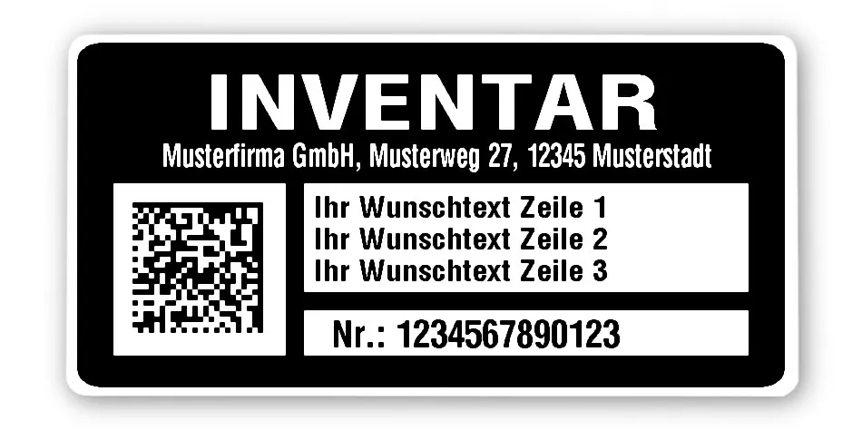 Inventaretiketten Material:Polyethylen-Folie hochglänzend weiß Größe:68x34mm Kopfzeile:"Ihr Wunschtext" Barcode:DataMatrix Stellenanzahl:13-stellig Menge:1000