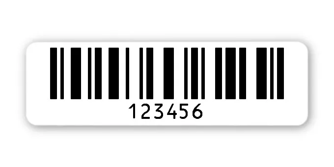 Archivierungsetiketten Material:Polyethylen-Folie hochglänzend weiß Größe:50x15mm Kopfzeile:"ohne" Barcode:128C Stellenanzahl:6-stellig Menge:1000