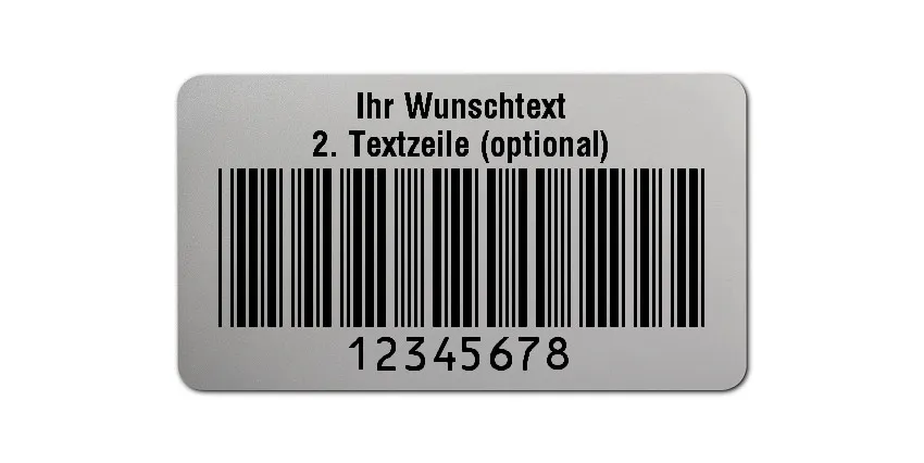 Prüfetiketten Material:Polyester-Folie Silberoptik matt Größe:45x25mm Kopfzeile:"Ihr Wunschtext" Barcode:Code 39 ohne Prüfziffer Stellenanzahl:8-stellig Ausführung:1 Etikette pro Nummer Menge:1000