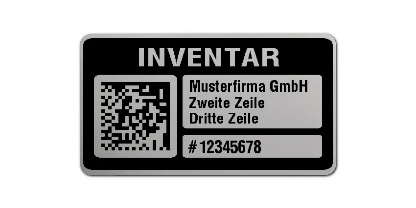 Inventaretiketten Material:Polyester-Folie Silberoptik matt Größe:45x25mm Kopfzeile:"Ihr Wunschtext" Barcode:DataMatrix Stellenanzahl:8-stellig Menge:1000