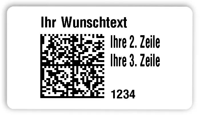 Universaletiketten Material:Folie hochglänzend weiß Größe:54x30mm Kopfzeile:"Ihr Wunschtext" Barcode:DataMatrix Stellenanzahl:4-stellig Ausführung:3 Etiketten pro Nummer Menge:300