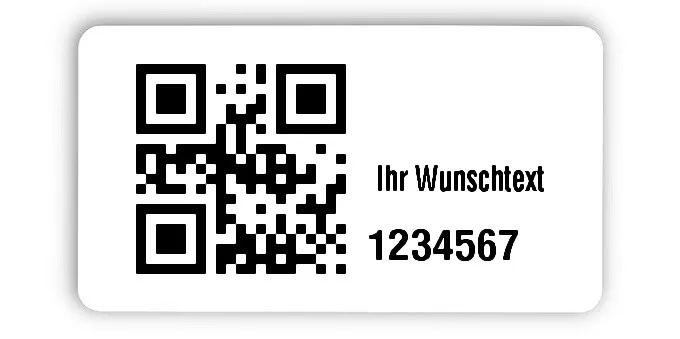 Inventaretiketten Universal Material:Polyethylen-Folie hochglänzend weiß Größe:45x25mm Kopfzeile:"Ihr Wunschtext" Barcode:QR Stellenanzahl:7-stellig Menge:100
