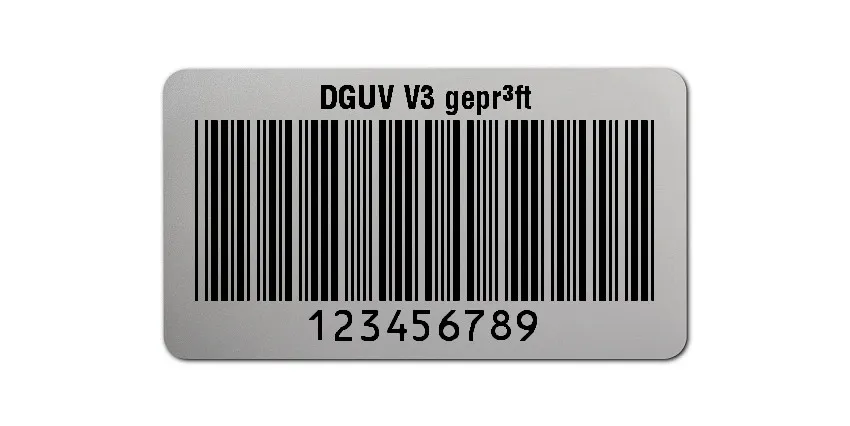 Prüfetiketten Material:Polyester-Folie Silberoptik matt Größe:45x25mm Kopfzeile:"DGUV V3 geprüft" Barcode:Code 39 ohne Prüfziffer Stellenanzahl:9-stellig Ausführung:1 Etikette pro Nummer Menge:1000