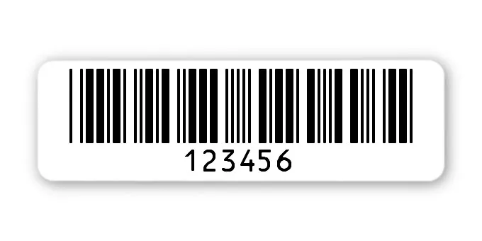 Archivierungsetiketten Material:Polyethylen-Folie hochglänzend weiß Größe:50x15mm Kopfzeile:"ohne" Barcode:Code 39 ohne Prüfziffer Stellenanzahl:6-stellig Menge:1000