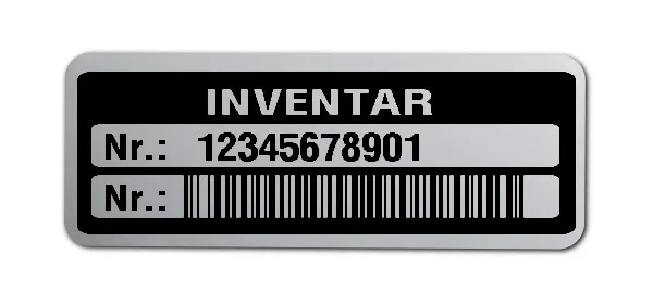 Inventaretiketten Material:Polyester-Folie Silberoptik matt Größe:40x15mm Kopfzeile:"Inventar" Barcode:128B Stellenanzahl:11-stellig Menge:1000
