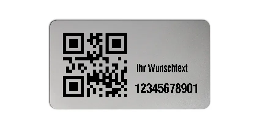 Inventaretiketten Universal Material:Polyester-Folie Silberoptik matt Größe:45x25mm Kopfzeile:"Ihr Wunschtext" Barcode:QR Stellenanzahl:11-stellig Menge:1000