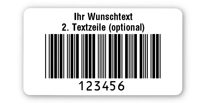 Prüfetiketten Material:Polyethylen-Folie hochglänzend weiß Größe:45x25mm Kopfzeile:"Ihr Wunschtext" Barcode:Code 39 ohne Prüfziffer Stellenanzahl:6-stellig Ausführung:1 Etikette pro Nummer Menge:500