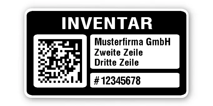 Inventaretiketten Material:Polyethylen-Folie hochglänzend weiß Größe:45x25mm Kopfzeile:"Ihr Wunschtext" Barcode:DataMatrix Stellenanzahl:8-stellig Menge:100