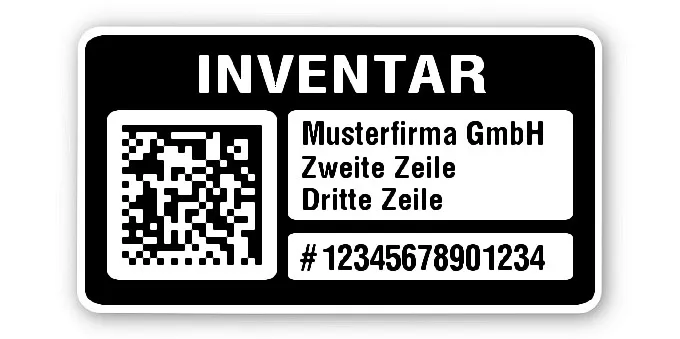Inventaretiketten Material:Polyethylen-Folie hochglänzend weiß Größe:45x25mm Kopfzeile:"Ihr Wunschtext" Barcode:DataMatrix Stellenanzahl:14-stellig Menge:500