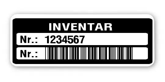 Inventaretiketten Material:Polyethylen-Folie hochglänzend weiß Größe:40x15mm Kopfzeile:"Inventar" Barcode:Code 39 ohne Prüfziffer Stellenanzahl:7-stellig Menge:1000