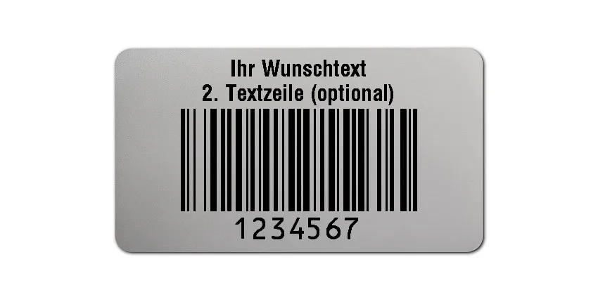 Prüfetiketten Material:Polyester-Folie Silberoptik matt Größe:45x25mm Kopfzeile:"Ihr Wunschtext" Barcode:128B Stellenanzahl:7-stellig Ausführung:1 Etikette pro Nummer Menge:500