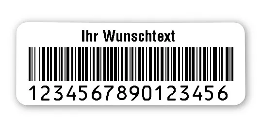 Prüfetiketten Material:Polyethylen-Folie hochglänzend weiß Größe:40x15mm Kopfzeile:"Ihr Wunschtext" Barcode:128B Stellenanzahl:16-stellig Ausführung:1 Etikette pro Nummer Menge:1000