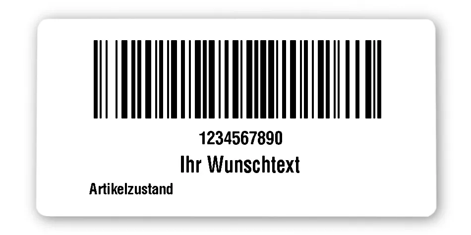 FNSKU Etiketten Material:Polyethylen-Folie hochglänzend weiß Größe:68x34mm Kopfzeile:"Ihr Wunschtext" Barcode:128B Stellenanzahl:10-stellig Ausführung:1 Etikette pro Nummer Menge:100