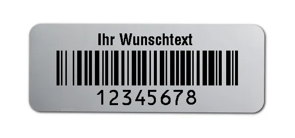 Prüfetiketten Material:Polyester-Folie Silberoptik matt Größe:40x15mm Kopfzeile:"Ihr Wunschtext" Barcode:128B Stellenanzahl:8-stellig Ausführung:1 Etikette pro Nummer Menge:1000