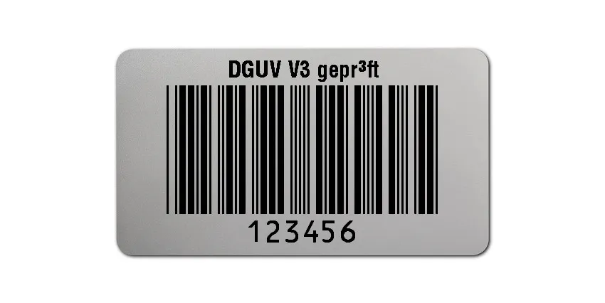 Prüfetiketten Material:Polyester-Folie Silberoptik matt Größe:45x25mm Kopfzeile:"DGUV V3 geprüft" Barcode:Code 39 ohne Prüfziffer Stellenanzahl:6-stellig Ausführung:1 Etikette pro Nummer Menge:500