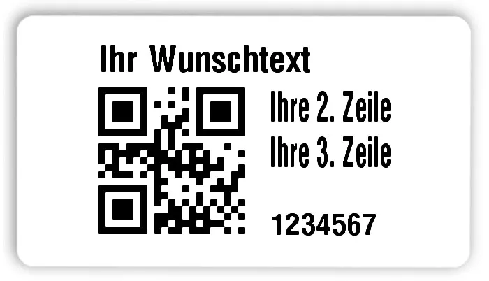 Universaletiketten Material:Polyethylen-Folie hochglänzend weiß Größe:54x30mm Kopfzeile:"Ihr Wunschtext" Barcode:QR Stellenanzahl:7-stellig Ausführung:1 Etikette pro Nummer Menge:1000