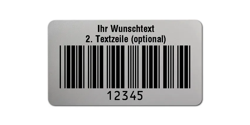 Prüfetiketten Material:Polyester-Folie Silberoptik matt Größe:45x25mm Kopfzeile:"Ihr Wunschtext" Barcode:Code 39 ohne Prüfziffer Stellenanzahl:5-stellig Ausführung:1 Etikette pro Nummer Menge:1000