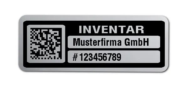 Inventaretiketten Material:Polyester-Folie Silberoptik matt Größe:40x15mm Kopfzeile:"Ihr Wunschtext" Barcode:DataMatrix Stellenanzahl:9-stellig Menge:1000