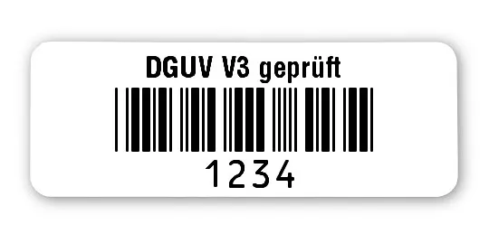 Prüfetiketten Material:Polyethylen-Folie hochglänzend weiß Größe:40x15mm Kopfzeile:"DGUV V3 geprüft" Barcode:Code 39 ohne Prüfziffer Stellenanzahl:4-stellig Ausführung:1 Etikette pro Nummer Menge:500