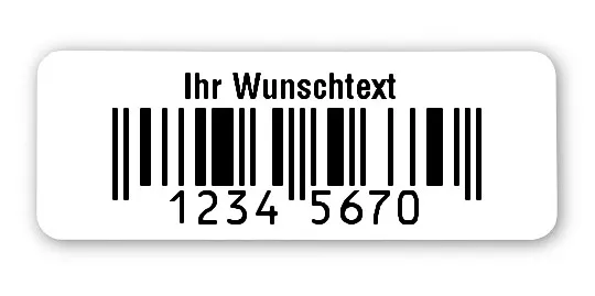 EAN Gutschein Etiketten Material:Polyethylen-Folie hochglänzend weiß Größe:40x15mm Kopfzeile:"Ihr Wunschtext" Barcode:EAN 8 Stellenanzahl:8-stellig Menge:500