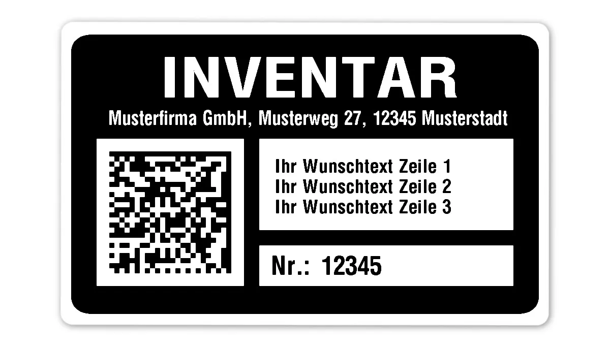 Inventaretiketten Material:Polyethylen-Folie hochglänzend weiß Größe:80x50mm Kopfzeile:"Ihr Wunschtext" Barcode:DataMatrix Stellenanzahl:5-stellig Menge:500