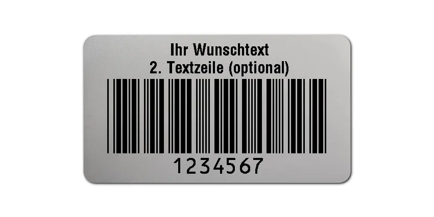 Prüfetiketten Material:Polyester-Folie Silberoptik matt Größe:45x25mm Kopfzeile:"Ihr Wunschtext" Barcode:Code 39 ohne Prüfziffer Stellenanzahl:7-stellig Ausführung:1 Etikette pro Nummer Menge:500