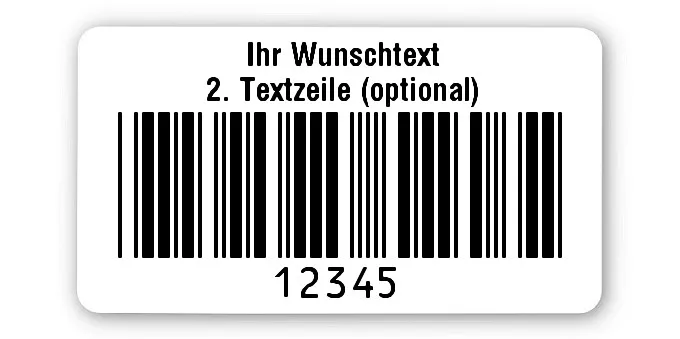 Prüfetiketten Material:Polyethylen-Folie hochglänzend weiß Größe:45x25mm Kopfzeile:"Ihr Wunschtext" Barcode:Code 39 ohne Prüfziffer Stellenanzahl:5-stellig Ausführung:1 Etikette pro Nummer Menge:1000