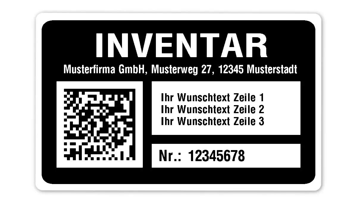 Inventaretiketten Material:Polyethylen-Folie hochglänzend weiß Größe:80x50mm Kopfzeile:"Ihr Wunschtext" Barcode:DataMatrix Stellenanzahl:8-stellig Menge:500