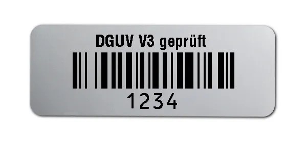 Prüfetiketten Material:Polyester-Folie Silberoptik matt Größe:40x15mm Kopfzeile:"DGUV V3 geprüft" Barcode:128B Stellenanzahl:4-stellig Ausführung:1 Etikette pro Nummer Menge:500