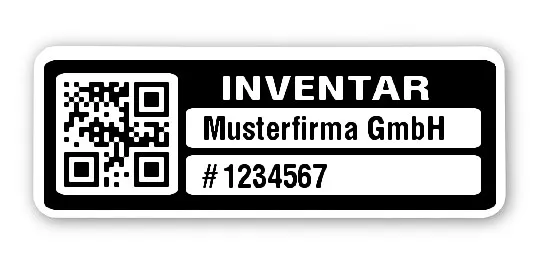 Inventaretiketten Material:Polyethylen-Folie hochglänzend weiß Größe:40x15mm Kopfzeile:"Ihr Wunschtext" Barcode:QR Stellenanzahl:7-stellig Menge:500